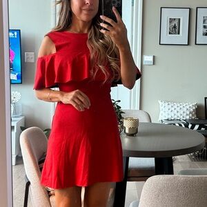 Topshop Red One-Shoulder Ruffle Mini Dress